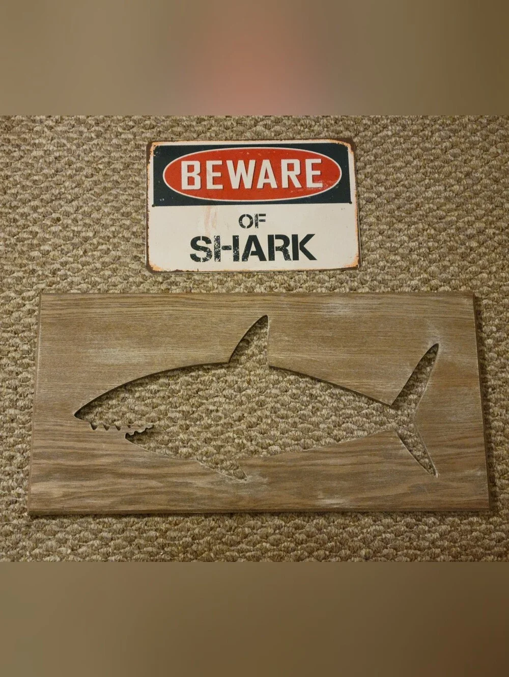 Wooden Shark Cutout - Neutral Brown & Beware of Shark Wall Art
